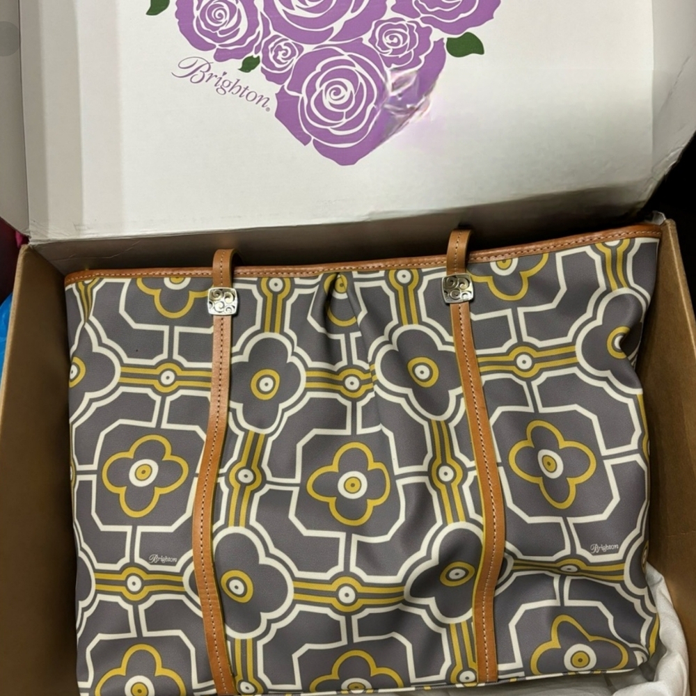 **Brighton coated canvas, yellow, gray, and white Tote bag